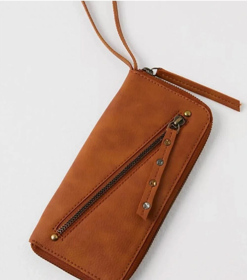 Free People Distressed Vegan Leather Wallet Wristlet Brown Boho NWT